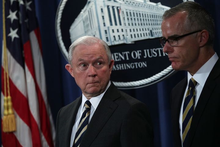 Ex-FBI official Andrew McCabe, right, oversaw a criminal investigation of Attorney General Jeff Sessions, left, who fired him last week.