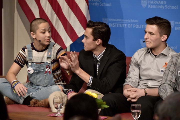 Survivors of the Marjory Stoneman Douglas High School shooting Emma Gonzalez, David Hogg, center, and Cameron Kasky speak at
