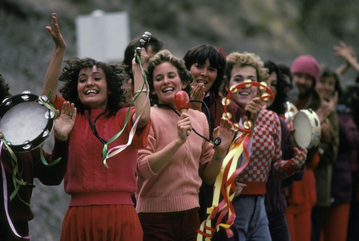 Followers of Rajneesh celebrating the guru's arrival in Oregon in 1985.