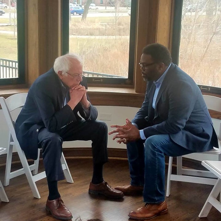 Brandon Johnson, a schoolteacher, meets with Sen. Bernie Sanders (I-Vt.) in February. Sanders and his organization Our Revolution endorsed Johnson.