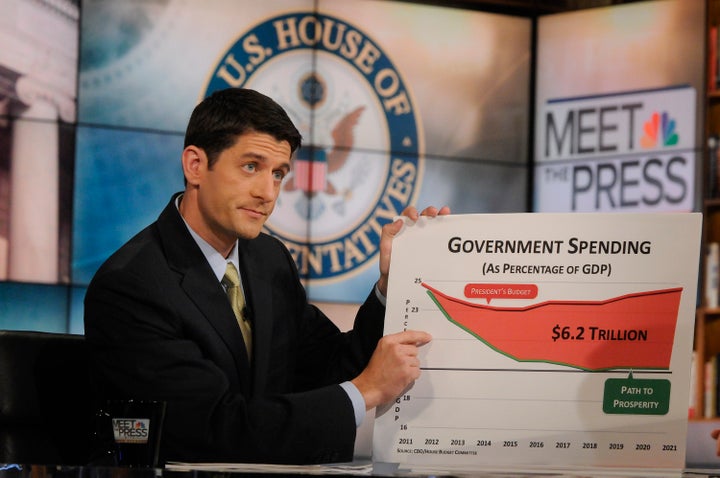 Rep. Paul Ryan (R-Wis.) points at a new friend during an appearance on 'Meet the Press' on April 10, 2011.