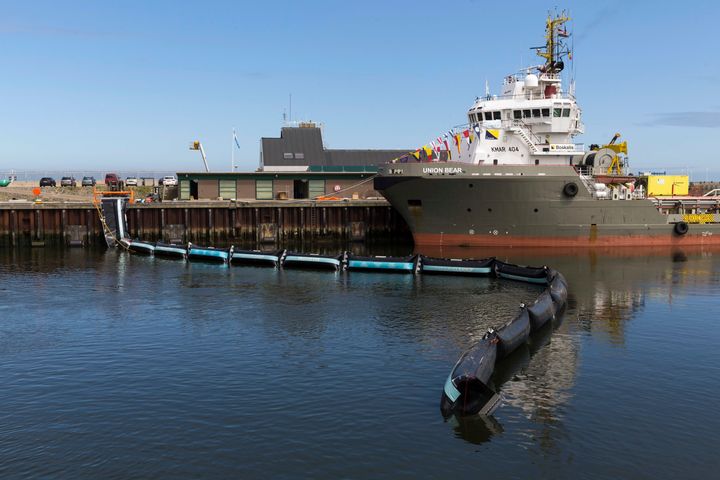 The Ocean Cleanup prototype lies in the water in The Hague, Netherlands.