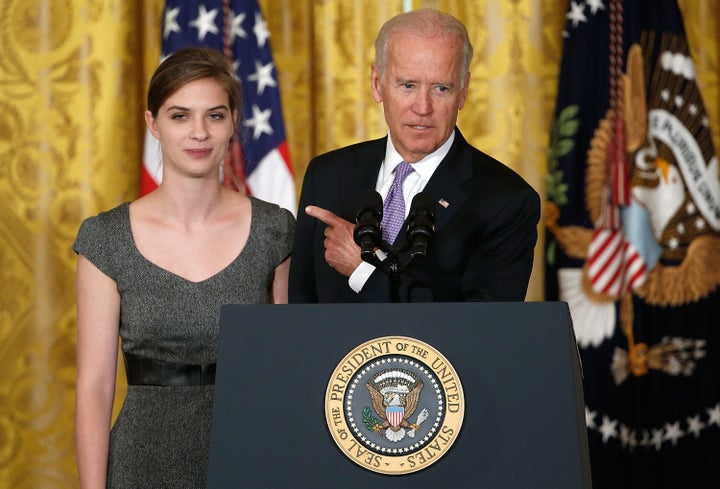 Biden introduces Lilly Jay, a survivor of sexual assault, at the launch of the It's On Us campaign on Sept. 19, 2014.