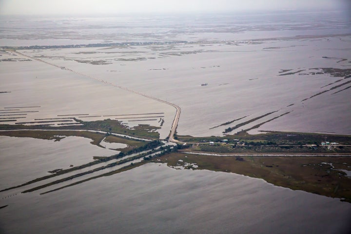 Aerial view of Island Road leading to Isle de Jean Charles.