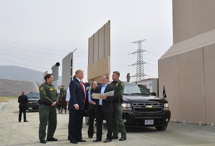 President Donald Trump inspects border wall prototypes in San Diego on March 13. 