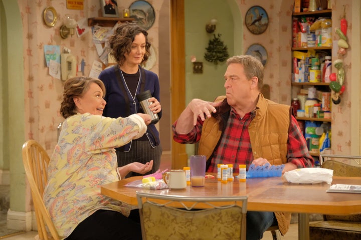 Roseanne Barr, Sara Gilbert and John Goodman on "Roseanne."