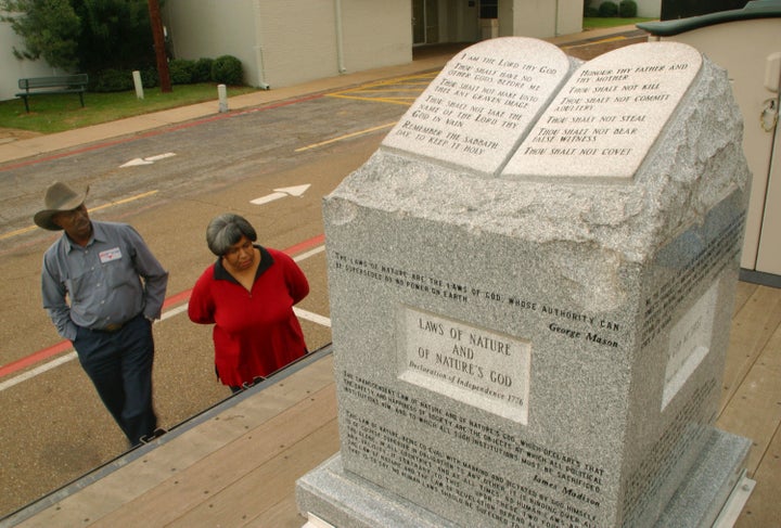 A veterans organization sent the monument that was removed from Alabama's state judicial building on a 15-state tour. It is pictured here in Longview, Texas, in November 2004.