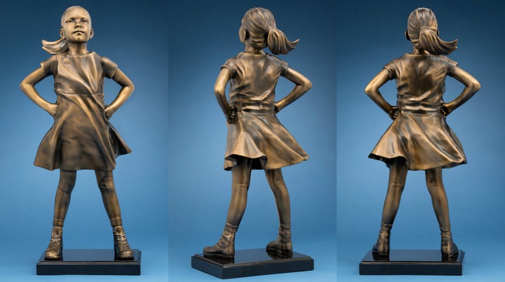 A photo of the "fearless girl" statue for sale. 