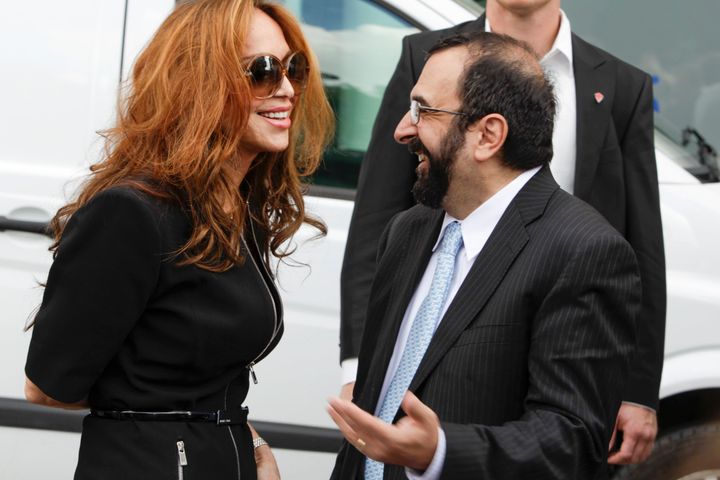 Anti-Islam activists Pamela Geller and Robert Spencer chat ahead of an anti-Islam demonstration in Stockholm, Aug. 4, 2012.