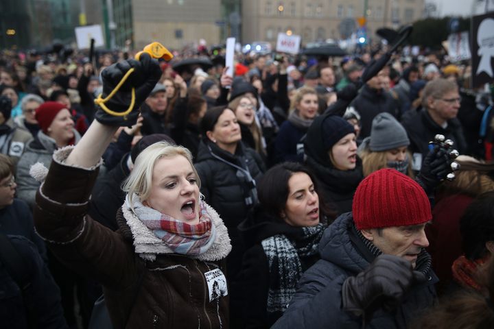 People protesting against a new government measure to further restrict abortions in Poland gather as part of 'Black Friday' demonstrations nationwide on March 23, 2018.