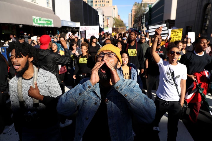 Protesters march in Sacramento, California, on March 22, 2018, after two police officers shot and killed Stephon Clark, an unarmed black man.