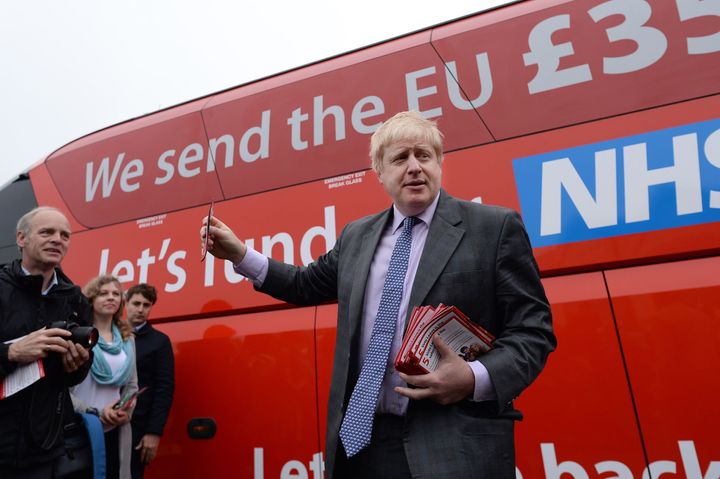 Boris Johnson campaigning for Brexit in front of the controversial Vote Leave bus