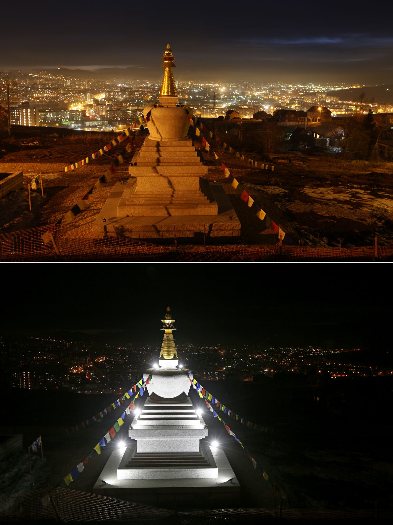 The Stupa of Enlightenment, a holy monument constructed of granite at the Buddhist Center in Krasnoyarsk, during Earth Hour (top) and before.