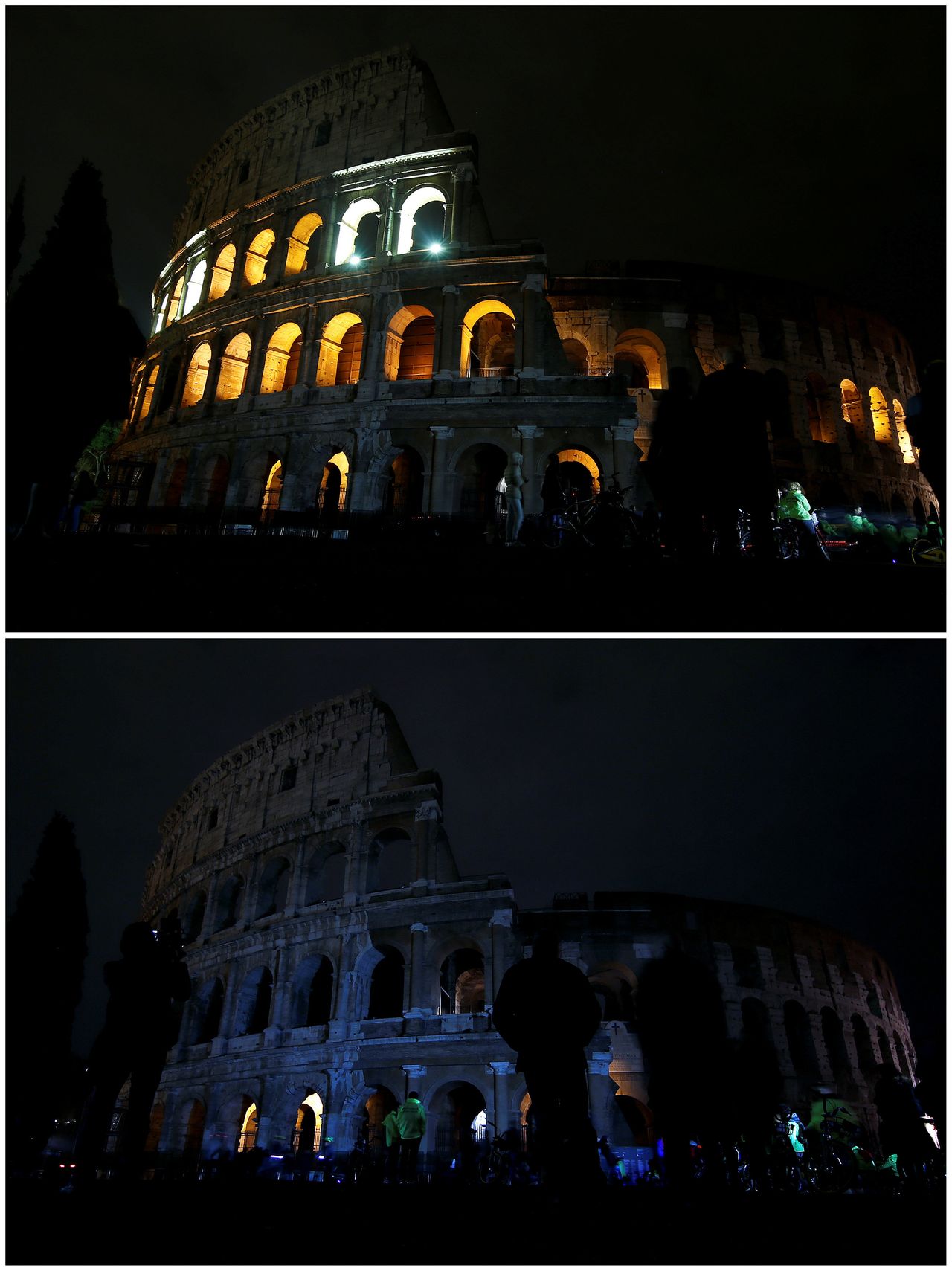 The Colosseum, before and after its lights were switched off.