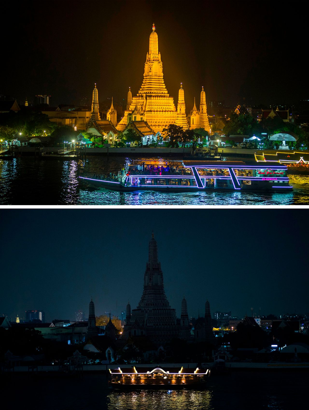 Tourist boats pass the Wat Arun, a major Buddhist temple and landmark in Thailand, before and during Earth Hour.