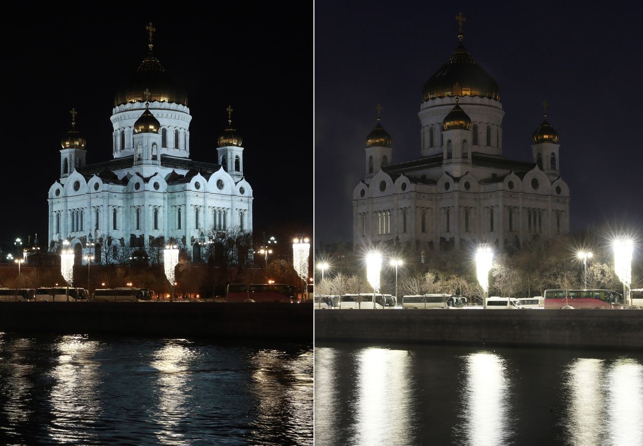 The Cathedral of Christ the Saviour in Moscow, before and during Earth Hour.