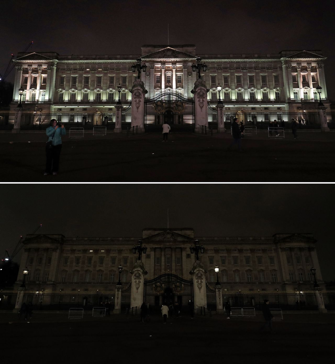 The palace, before and after switching off its lights.