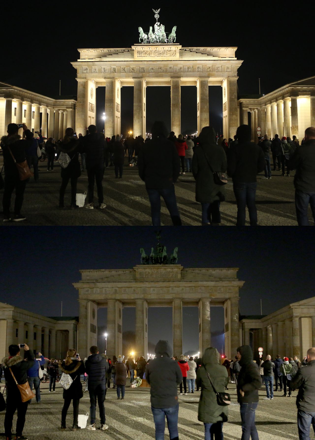The Brandenburg Gate, before and during Earth Hour.