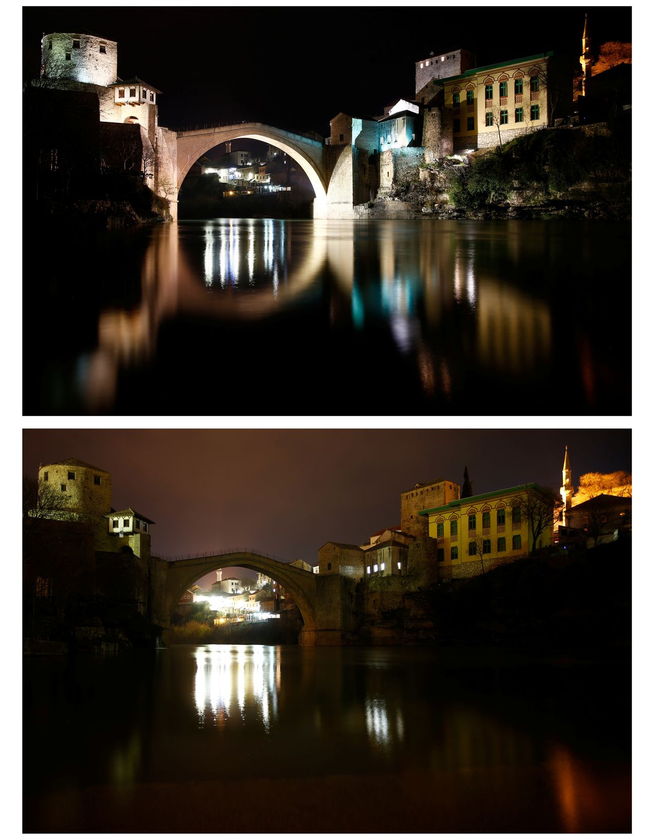 The Old Bridge in Mostar, Bosnia and Herzegovina, before (top) and during (bottom) Earth Hour.