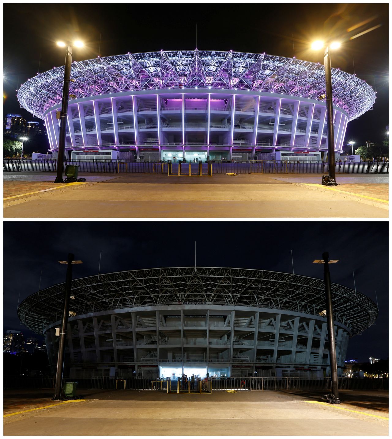 Gelora Bung Karno Stadium, before and after its lights were dimmed.