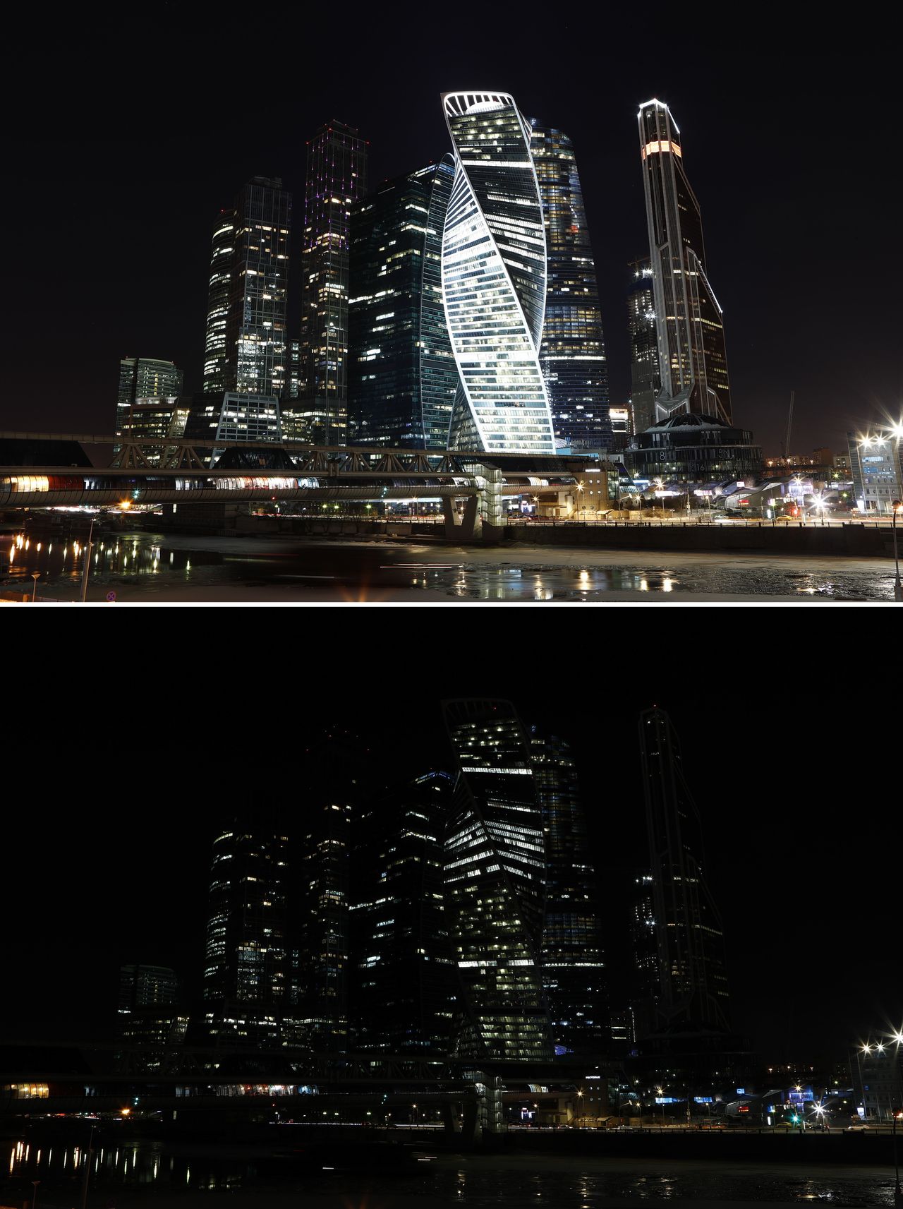The buildings of the Moscow International Business Center, also known as "Moskva-City," before and during the commemoration of Earth Hour.