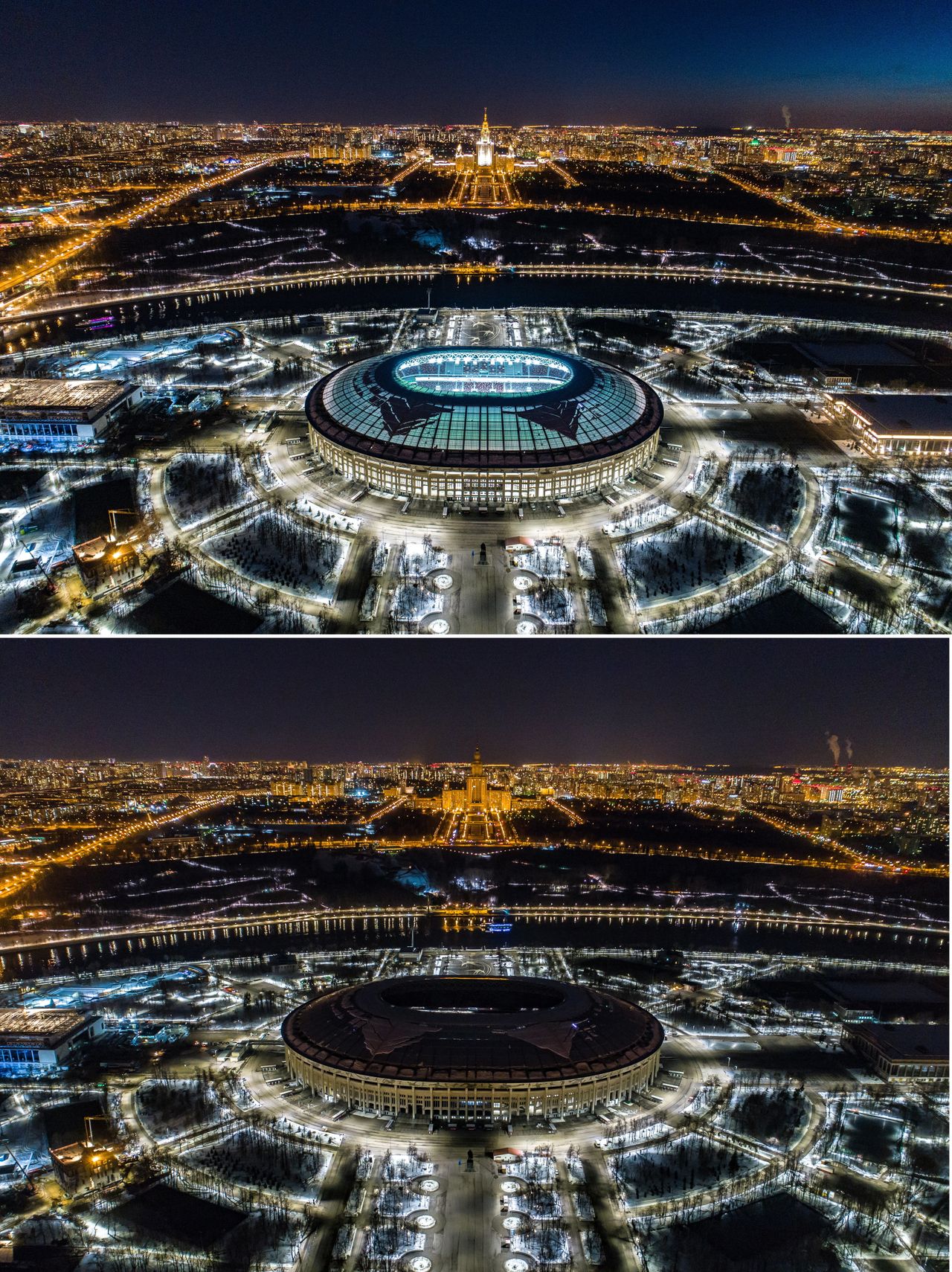 Moscow's Luzhniki Stadium, before and after its lights were turned off.