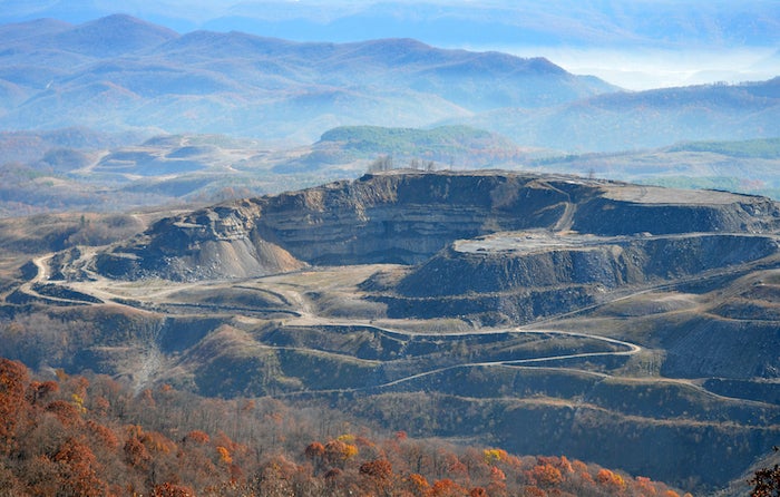 A&G Coal Corporation's idled strip mine scars Looney Ridge in Virginia on the Kentucky border. Reclamation is more than four years behind schedule.