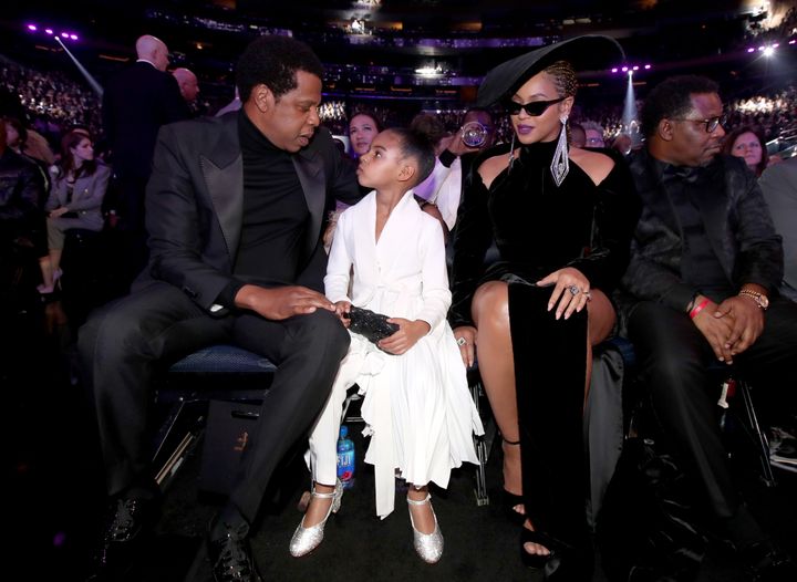 Jay-Z, Blue Ivy and Beyoncé at the Grammys, a month after the alleged face-biting