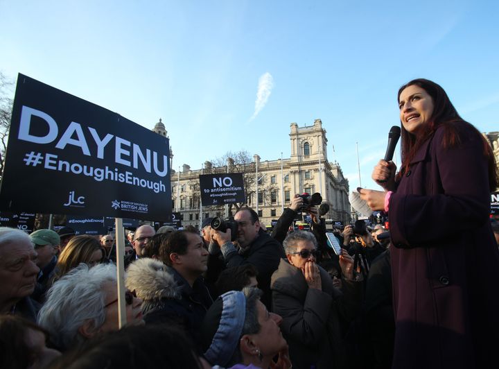 Labour MP Luciana Berger speaks during a protest against anti-Semitism in the Labour party in Parliament Square, London, as Jewish community leaders have launched a scathing attack on Jeremy Corbyn