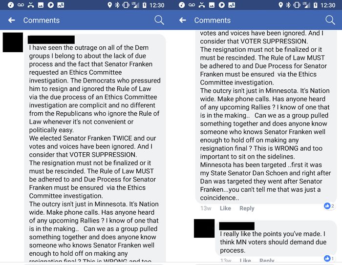 Social media commenters, such as this person on Facebook, seemed suspicious that U.S. Sen. Al Franken resigned shortly after state Sen. Dan Schoen, a fellow Minnesota Democrat, was also accused of harassment.