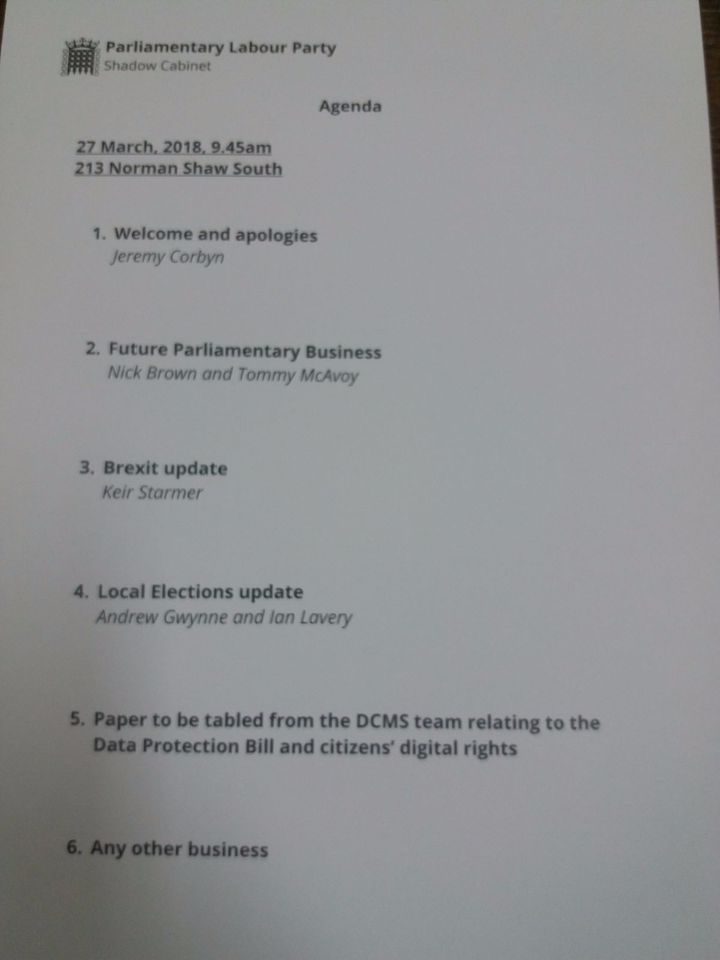The agenda for Tuesday's shadow cabinet meeting
