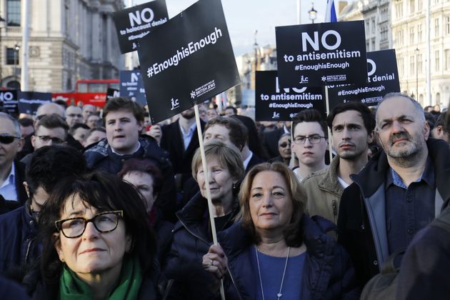 Members of the Jewish community hold a protest against Britain's opposition Labour party leader Jeremy Corbyn and anti-Semitism in the Labour Party, outside the British Houses of Parliament