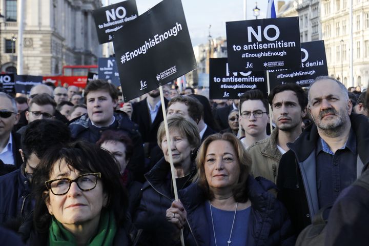 <strong>Members of the Jewish community hold a protest against Britain's opposition Labour party leader Jeremy Corbyn and anti-Semitism in the Labour Party, outside the British Houses of Parliament</strong>
