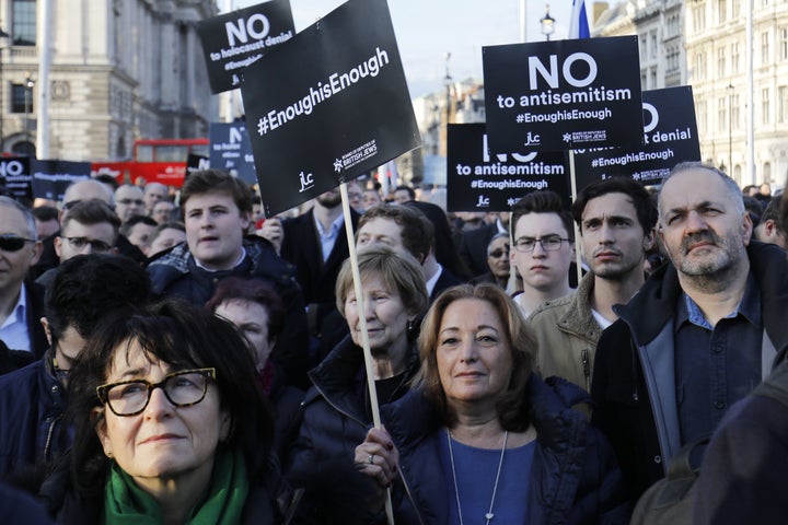 Members of the Jewish community hold a protest against Britain's opposition Labour party leader Jeremy Corbyn and anti-Semitism in the Labour Party, outside the British Houses of Parliament