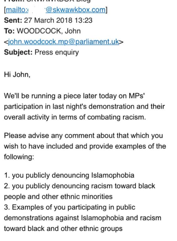 The email from Skwawkbox's editor to John Woodcock MP