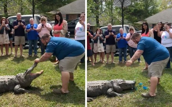 Mike Kliebert with Sally the alligator at his baby's gender reveal party.