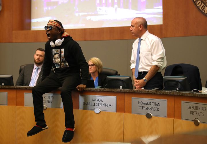 Stevante Clark, brother of Stephon Clark, disrupts a special city council meeting meeting at Sacramento City Hall on March 27, 2018.
