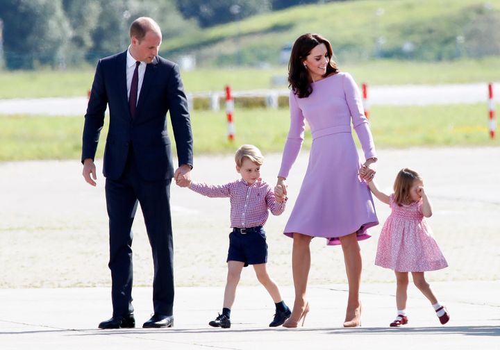 Prince William, Duke of Cambridge, Prince George of Cambridge, Princess Charlotte of Cambridge and Catherine, Duchess of Cambridge in Hamburg on the last day of their official visit to Poland and Germany on 21 July 2017.
