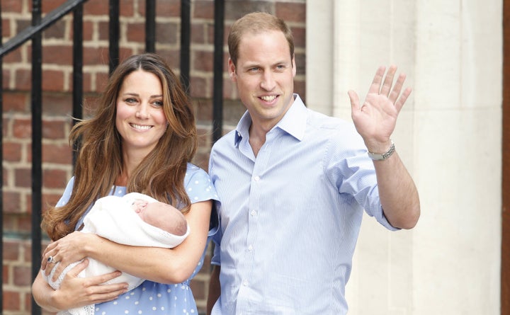 The Duke and Duchess of Cambridge leave the Lindo Wing of St Mary's Hospital in London, with their newborn son, Prince George of Cambridge on 23 July 2013.