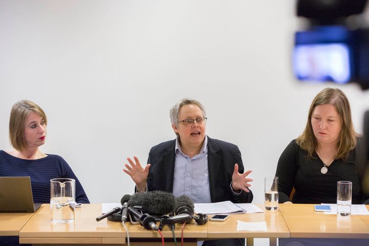 L to R: Philippa Kaufmann QC, senior council, Harriet Wistrich, solicitor for two of Worboys' victims and Rachel Krys, co-director of End Violence Against Women speak at a press conference in central London on Wednesday in relation to judges granting an appeal against his release