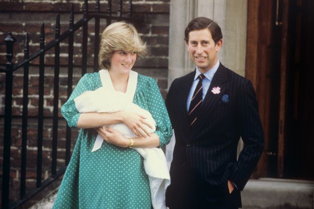 The Prince and Princess of Wales leaving the Lindo Wing, at St. Mary's Hospital after the birth of their baby son, Prince William in 1982.