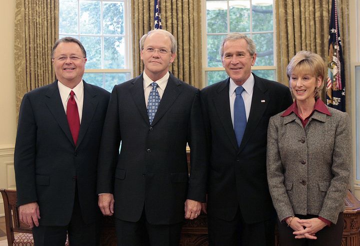 President George W. Bush poses with Dr. Frank Page (second from left) and his wife Dayle, and another Southern Baptist leader, in 2006. At the time, Page was the president of the Southern Baptist Convention.
