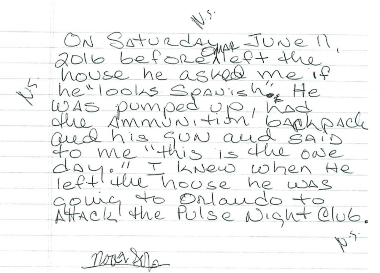 A section of Salman's alleged confession, which was handwritten by an FBI agent. Many of her claims were contradicted by forensic data shown at trial. The whole statement can be viewed <a href="https://media.clickorlando.com/document_dev/2018/01/05/EXHIBIT%2023%20-%20SALMANS%20VERBALL%20INTERVIEW%20-%20WRITTEN%20BY%20FBI%20AGENT%20-%20INITIALED%20BY%20HER_1515170363936_11448149_ver1.0.pdf" target="_blank" role="link" class=" js-entry-link cet-external-link" data-vars-item-name="here" data-vars-item-type="text" data-vars-unit-name="5abbe04be4b04a59a313df85" data-vars-unit-type="buzz_body" data-vars-target-content-id="https://media.clickorlando.com/document_dev/2018/01/05/EXHIBIT%2023%20-%20SALMANS%20VERBALL%20INTERVIEW%20-%20WRITTEN%20BY%20FBI%20AGENT%20-%20INITIALED%20BY%20HER_1515170363936_11448149_ver1.0.pdf" data-vars-target-content-type="url" data-vars-type="web_external_link" data-vars-subunit-name="article_body" data-vars-subunit-type="component" data-vars-position-in-subunit="1">here</a>.
