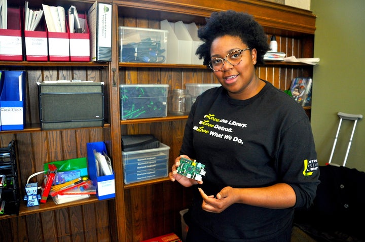 Qumisha "Q" Goss explains how she uses the Raspberry Pi, a cheap mini-computer, to teach students programming at the Parkman branch of the Detroit Public Library.