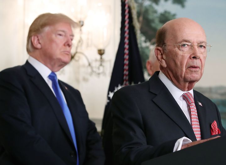 Commerce Secretary Wilbur Ross with President Donald Trump in the Roosevelt Room at the White House on March 22.