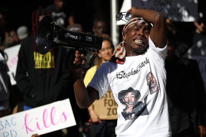 Stevante Clark, brother of Stephon Clark, speaks during a Black Lives Matter protest outside of office of Sacramento District Attorney Anne Schubert on Wednesday.