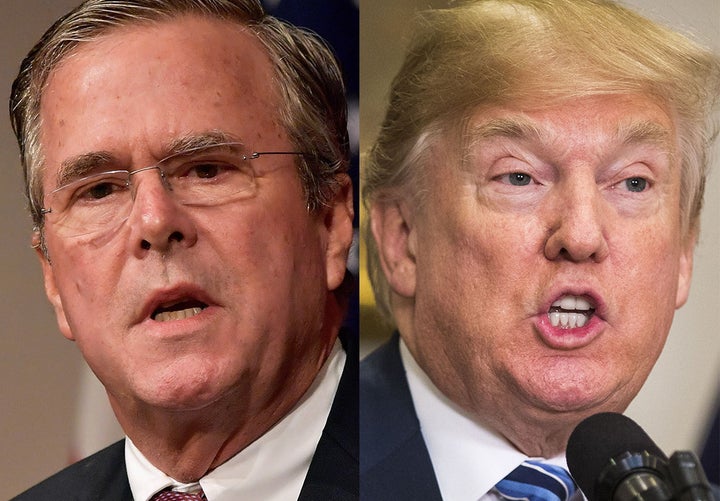 Jeb Bush, left, appeared to zing President Donald Trump, right, with a comment about his children during a lecture at Yale University.