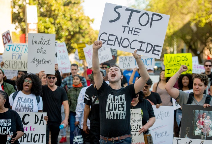 Black Lives Matter protesters march through the streets of Sacramento, California, on March 28 in response to the police shoo