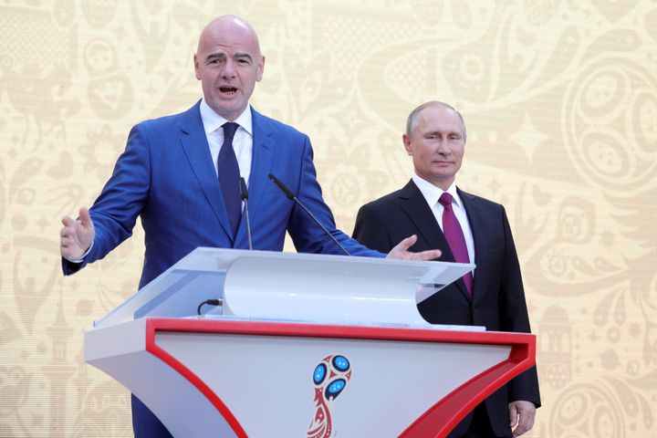 FIFA President Gianni Infantino (left) and Russian President Vladimir Putin attend the FIFA World Cup Trophy Tour kick-off ceremony at the Luzhniki Stadium in September 2017