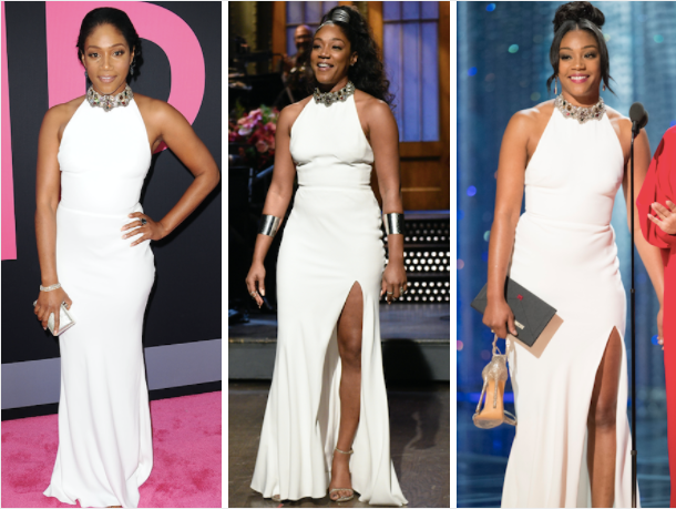 Tiffany Haddish at the "Girls Trip" in July 2017 (L), hosting "Saturday Night Live" in Nov. 2017 (M) and at the Oscars in March 2018 (R). 